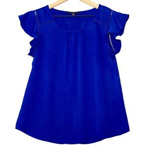Haute Monde Royal Blue Ruffle Short Sleeve Blouse with Back Slit Detail Size M